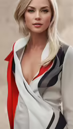 a close up view of a woman in an open white shirt