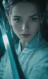 a beautiful young woman posing with two swords
