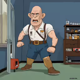 a cartoon man wearing work clothes in a room,a cartoon character standing in an open room