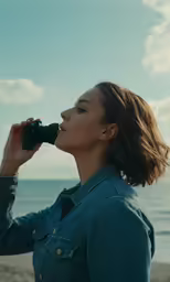 woman looking at the ocean while holding a camera