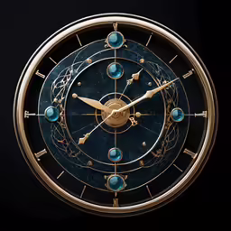a black clock with blue and gold numerals