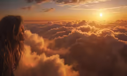 a woman standing on top of the clouds looking into the sky