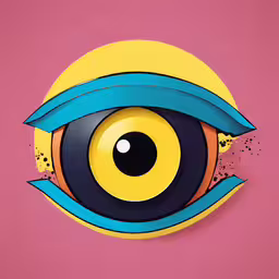 the eye of a yellow and blue object is on a pink wall,an art print with an eye on it