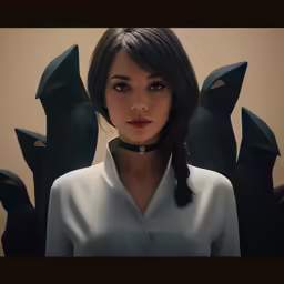 an animation woman wearing a collared blouse with large plastic birds in the background
