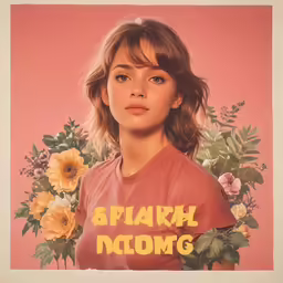 a woman in red shirt with yellow flowers