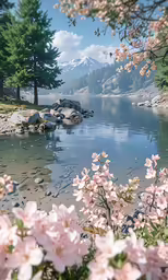 blossoms are blooming in the foreground and mountain range beyond