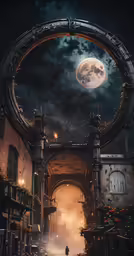 the city is on fire and glowing under the full moon