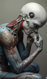 an artist uses humanoid body parts to draw a skeleton like creature