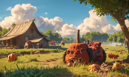 a red tractor sitting in the middle of an open field