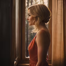 a woman looking out a window with a curtain behind her