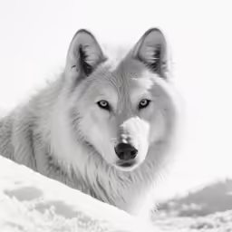 a white wolf stares intently at the camera