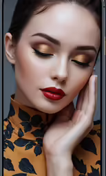 a woman with golden makeup and red lips