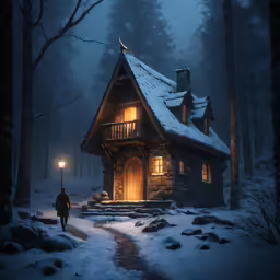 a man walking through a snow covered path towards a small cabin