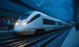 a passenger train on a train track at a station