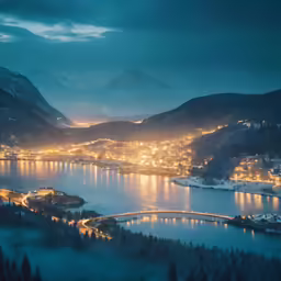 a city is glowing at night with a lake below