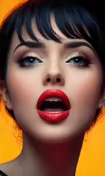 woman wearing red lipstick, holding up her face and pulling on the lip