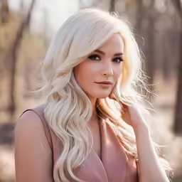 a blond woman in a pink dress stands in a forest