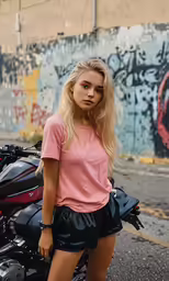 a blond woman wearing a pink shirt is standing in front of a motorcycle