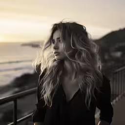 a beautiful blonde woman standing in front of the ocean,a young lady that is leaning against a rail