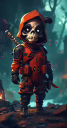 a skeleton character wearing a costume is standing in front of a dark forest