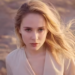 the blonde woman with the hair blowing in the wind