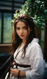 young woman dressed in renaissance clothes and holding on to an umbrella