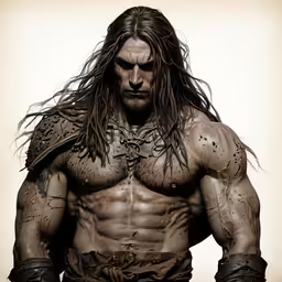 a man in wet body, wearing leather armor and posing for a portrait