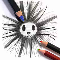 a drawing of a cat has been added to an image,this is an illustration of some pencils and a drawing of a cat