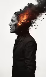 the man is looking at something on fire