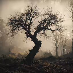 an image of a bare tree on a foggy day