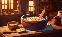 the sun is going down on a table full of food,a bowl with a wooden spoon sitting next to a bowl of cereal