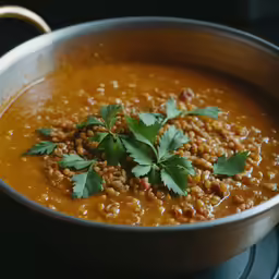 a metal bowl filled with red lent squash