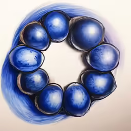 a painting of a blue bowl with nine different sized eggs