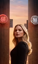 a woman with long hair is standing in front of two lights