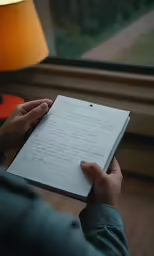 a person holds a notebook with notes on it next to a lamp