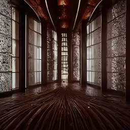 an empty room is shown with large windows