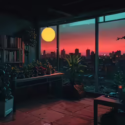 a sunset view outside of a window with a bench and potted plant