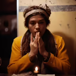 an asian woman is prayting with her hands together