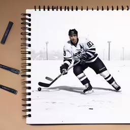 the photo is of a hockey player with black and white uniform