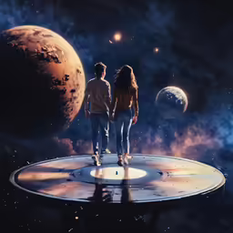 a couple walking on a surface surrounded by space