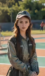 an adult female wearing a hat and a gray jacket is standing in front of a tennis court