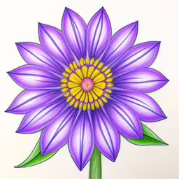 a drawing of a flower that has purple petals and green leaves,a purple flower is displayed against a white background