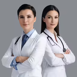 two women in white lab coats posing for a picture