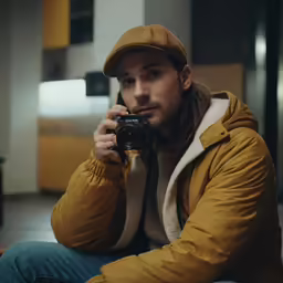 man taking pictures with camera and sitting on couch