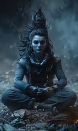 a person in black clothing sitting on a leaf covered ground