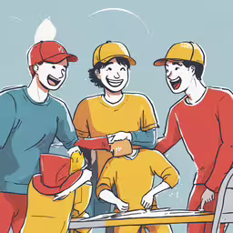 three men smiling with a large table in the background,three people are laughing together while one man is serving a hot dog