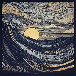 an image of an ocean with waves and the sun,a drawing of the ocean with waves in blue and orange