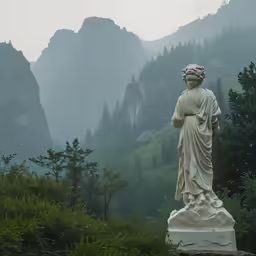 a statue of a woman that is standing near some mountains