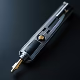 a pen with a brass bullet in it sitting on a table