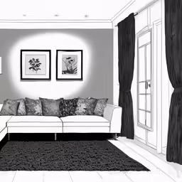 a large white couch sitting under two pictures